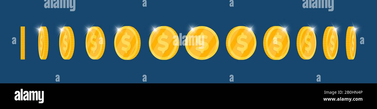 Gold 3d coin turn around different position set for game or apps animation. Bingo jackpot casino poker win rotation elements. Cash treasure concept flat vector illustration Stock Vector