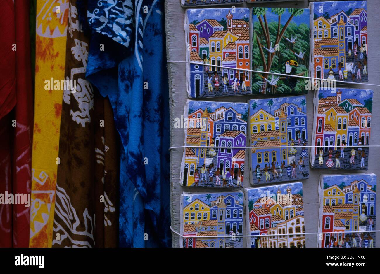 BRAZIL, SALVADOR DE BAHIA, PELOURINHO DISTICT, SOUVENIER SHOP, MINIATURE TILE PAINTINGS Stock Photo