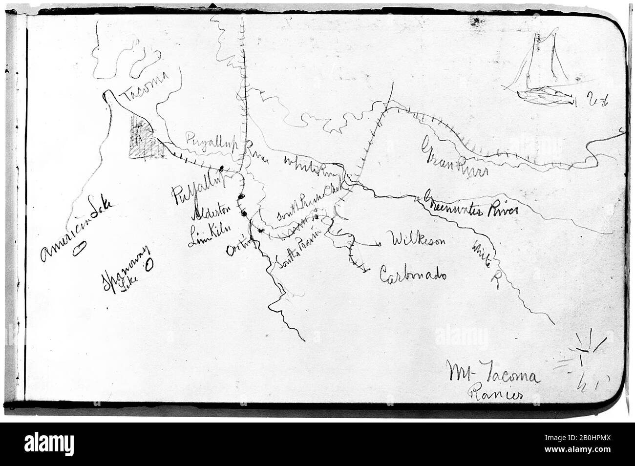 Albert Bierstadt, Map of Region Northwest of Mount Tacoma (from Sketchbook), American, Albert Bierstadt (American, Solingen 1830–1902 New York), 1890, American, Graphite on wove paper, 4 3/4 x 7 3/4 in. (12.1 x 19.7 cm), Drawings Stock Photo