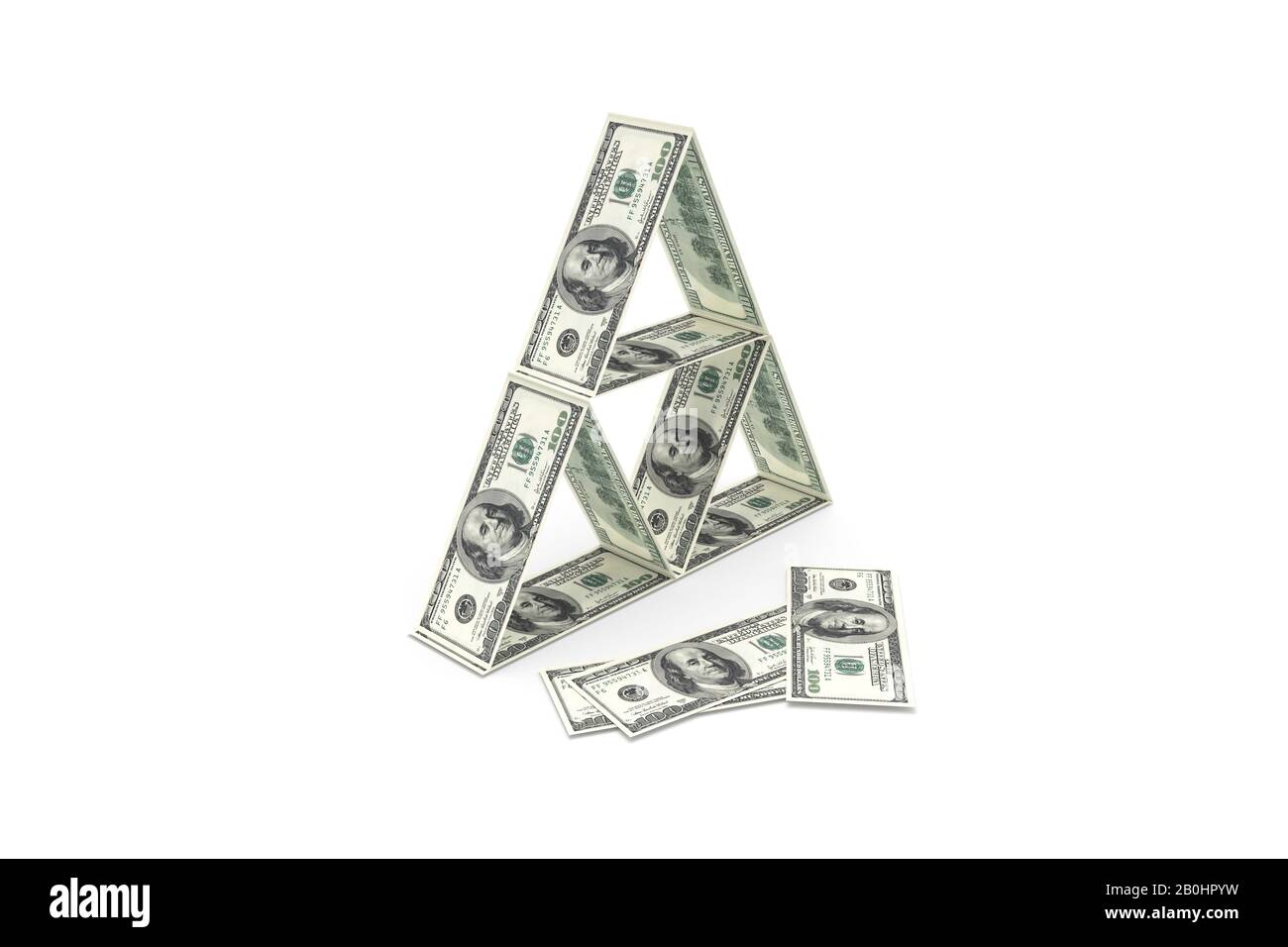 3d rendering, group of one hundred dollar banknotes with triangle home ...