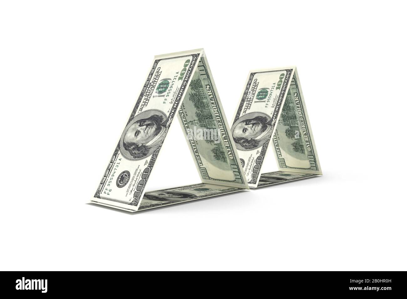 3d rendering, group of one hundred dollar banknotes with triangle home ...