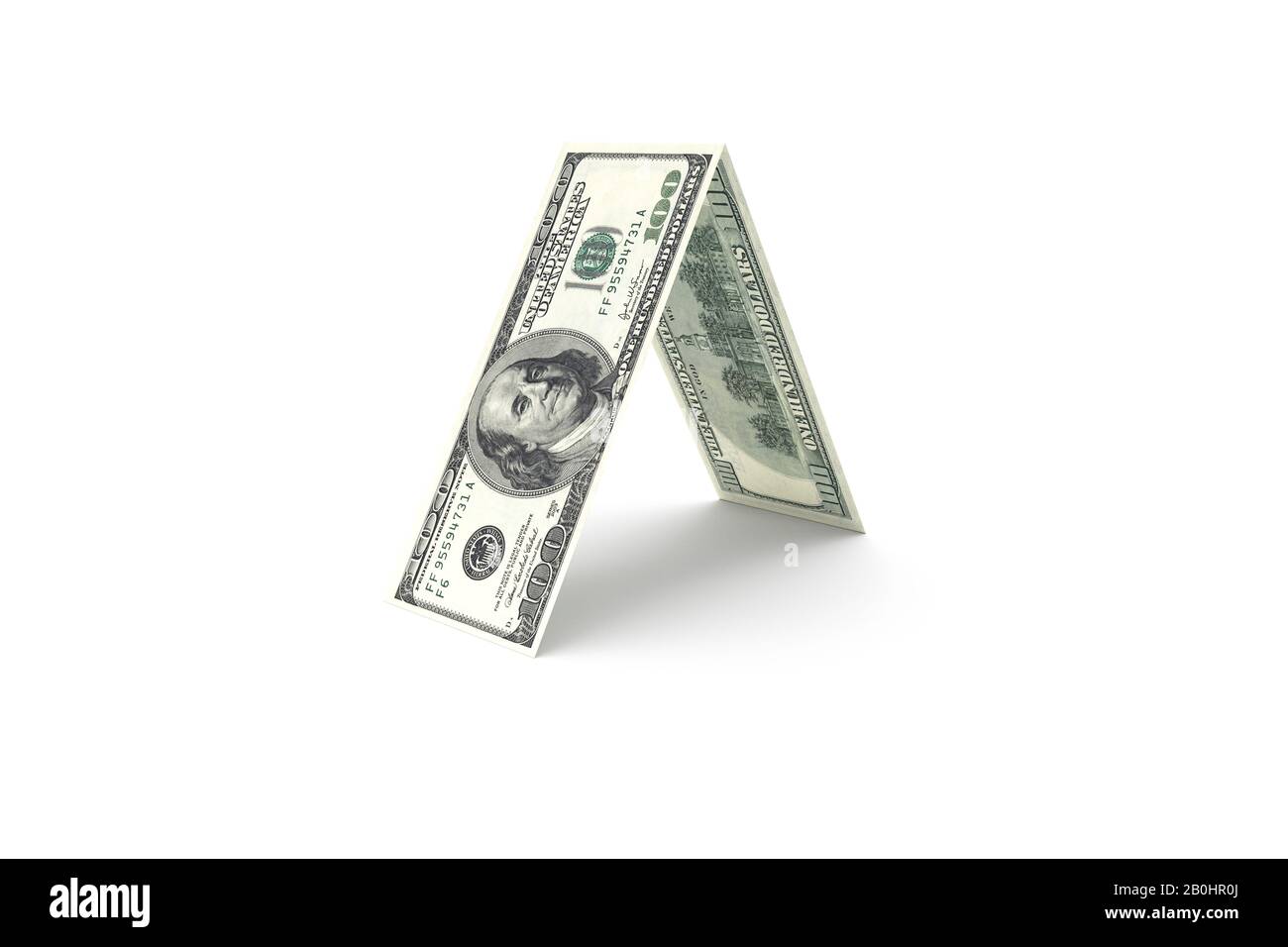 3d rendering, group of one hundred dollar banknotes with triangle home ...
