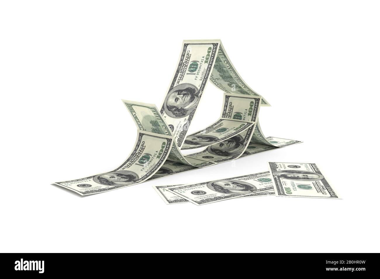 3d rendering, group of one hundred dollar banknotes with triangle home ...
