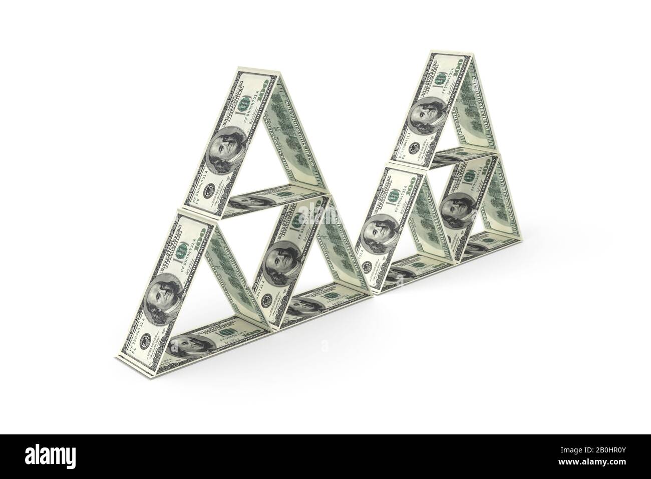 3d rendering, group of one hundred dollar banknotes with triangle home ...