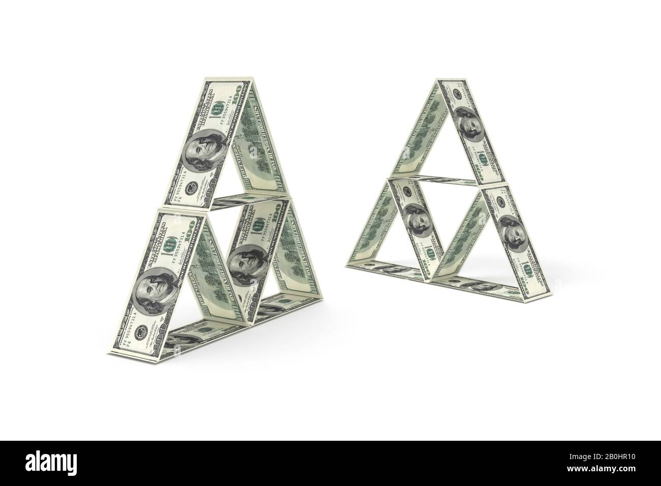 3d rendering, group of one hundred dollar banknotes with triangle home ...