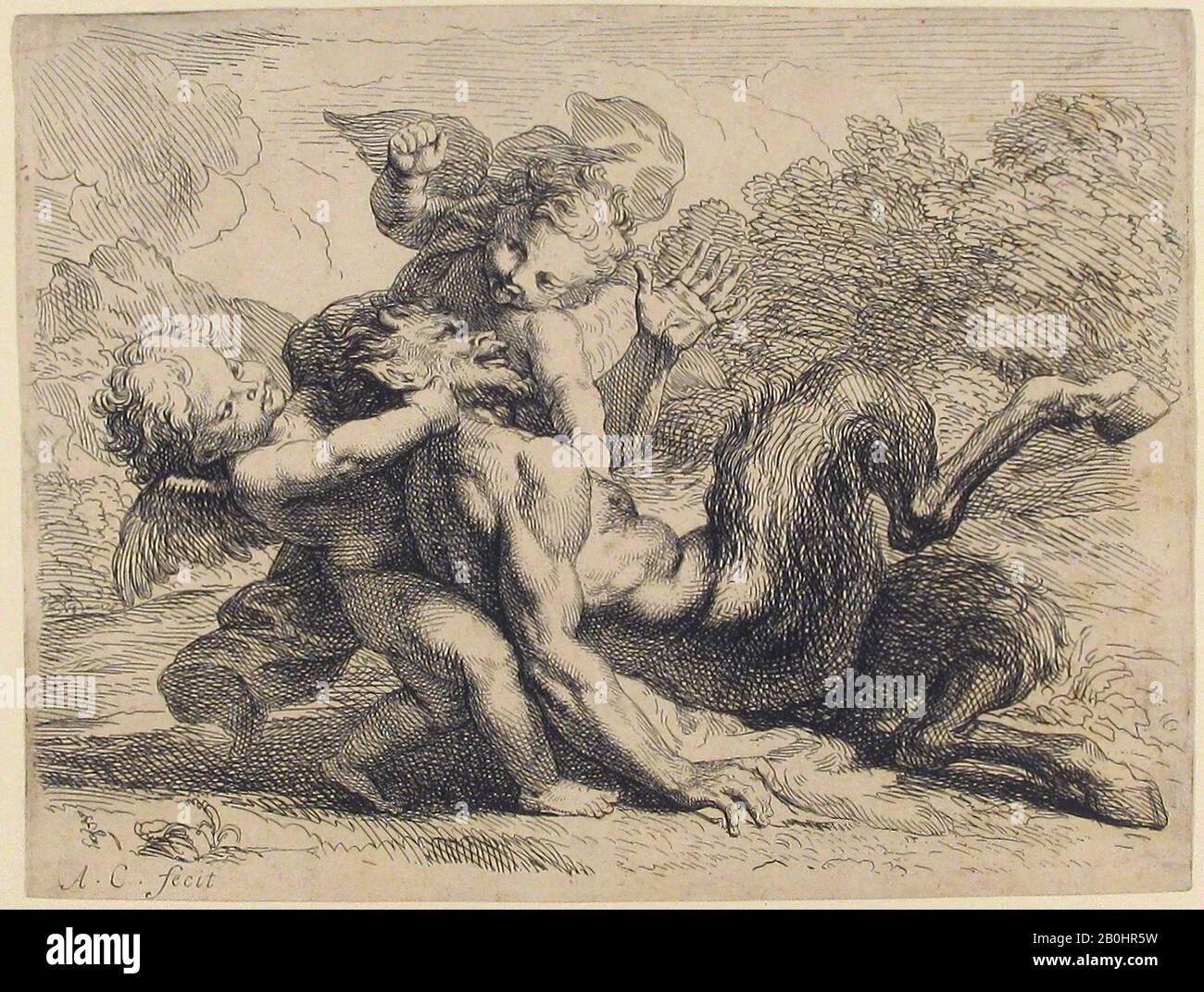 Antoine Coypel, Two Cupids Wrestling Pan (Pan Vancu par les Amours), Antoine Coypel (French, Paris 1661–1722 Paris), 1692, Etching; first state of two, Sheet (Trimmed): 6 9/16 × 8 11/16 in. (16.7 × 22 cm), Prints Stock Photo