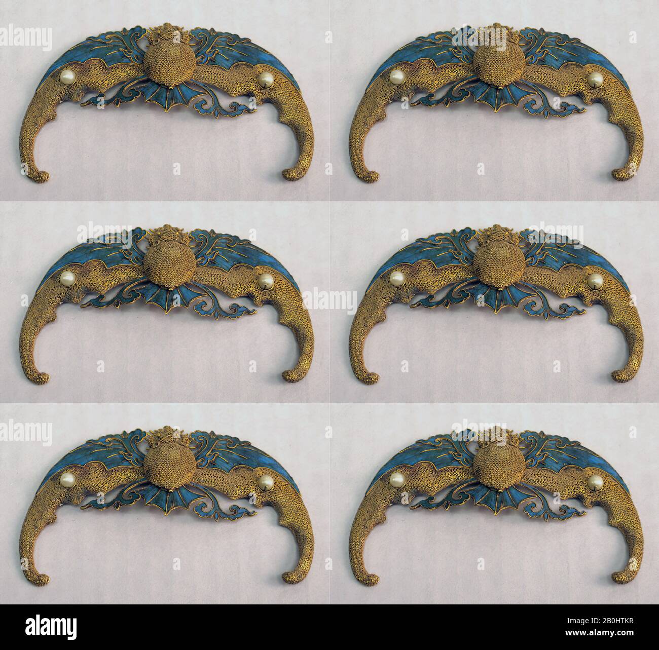 Fragment of Headdress, China, Qing dynasty (1644–1911), Date late 17th–early 18th century, China, Gold, feathers, pearls, W. 2 in. (5.1 cm); L. 3 1/4 in. (8.3 cm), Jewelry Stock Photo