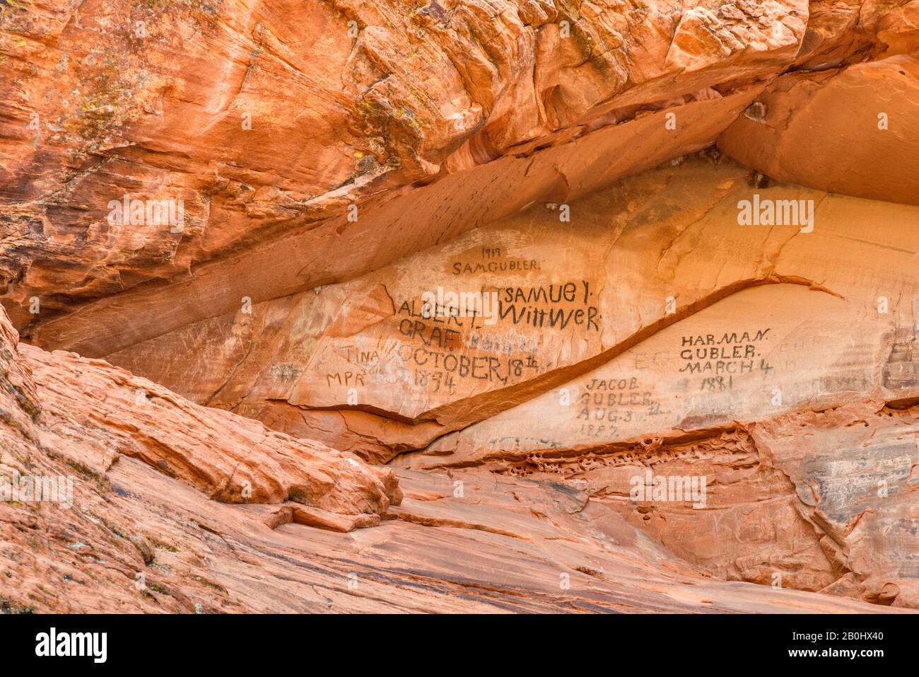 Pioneer Names, inscriptions at Navajo Sandstone rock at Snow Canyon State Park, Utah, USA Stock Photo