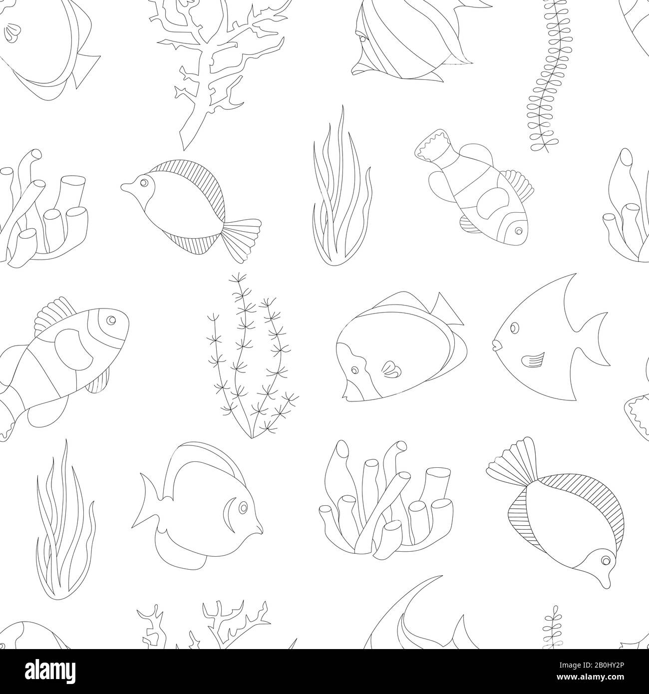 tropical fish and algae seamless pattern on white background, vector ...