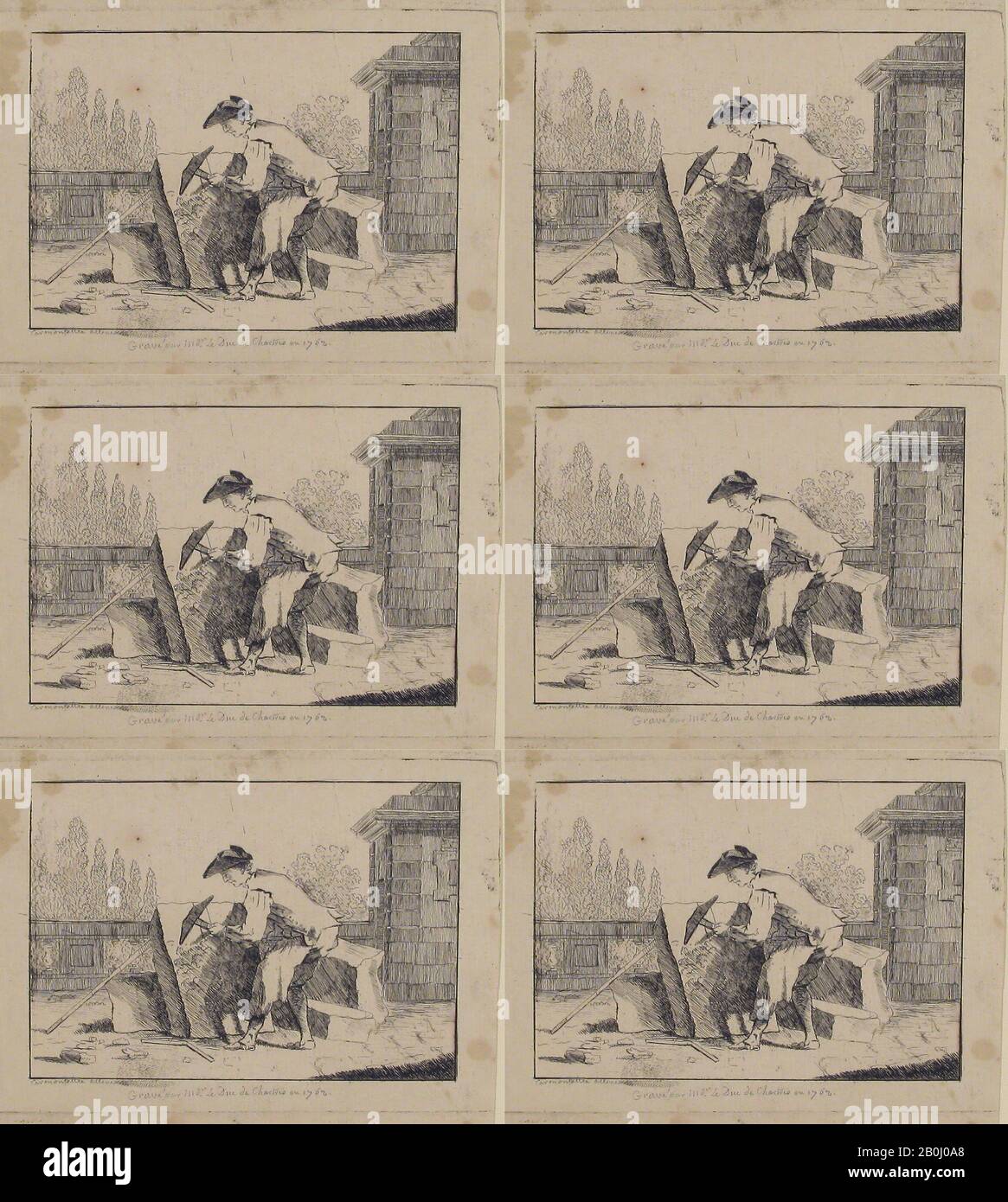 Louis Philippe Joseph, duc de Chartres, Stone Mason at Work, Louis Philippe Joseph, duc de Chartres (French, 1726–1785), 1762, Etching, Sheet (Trimmed): 4 3/4 × 6 5/16 in. (12 × 16.1 cm), Prints Stock Photo