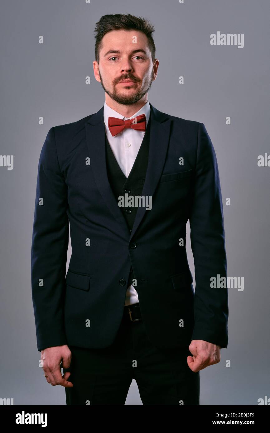 images Black Suit Black Shirt Red Bow Tie alamy