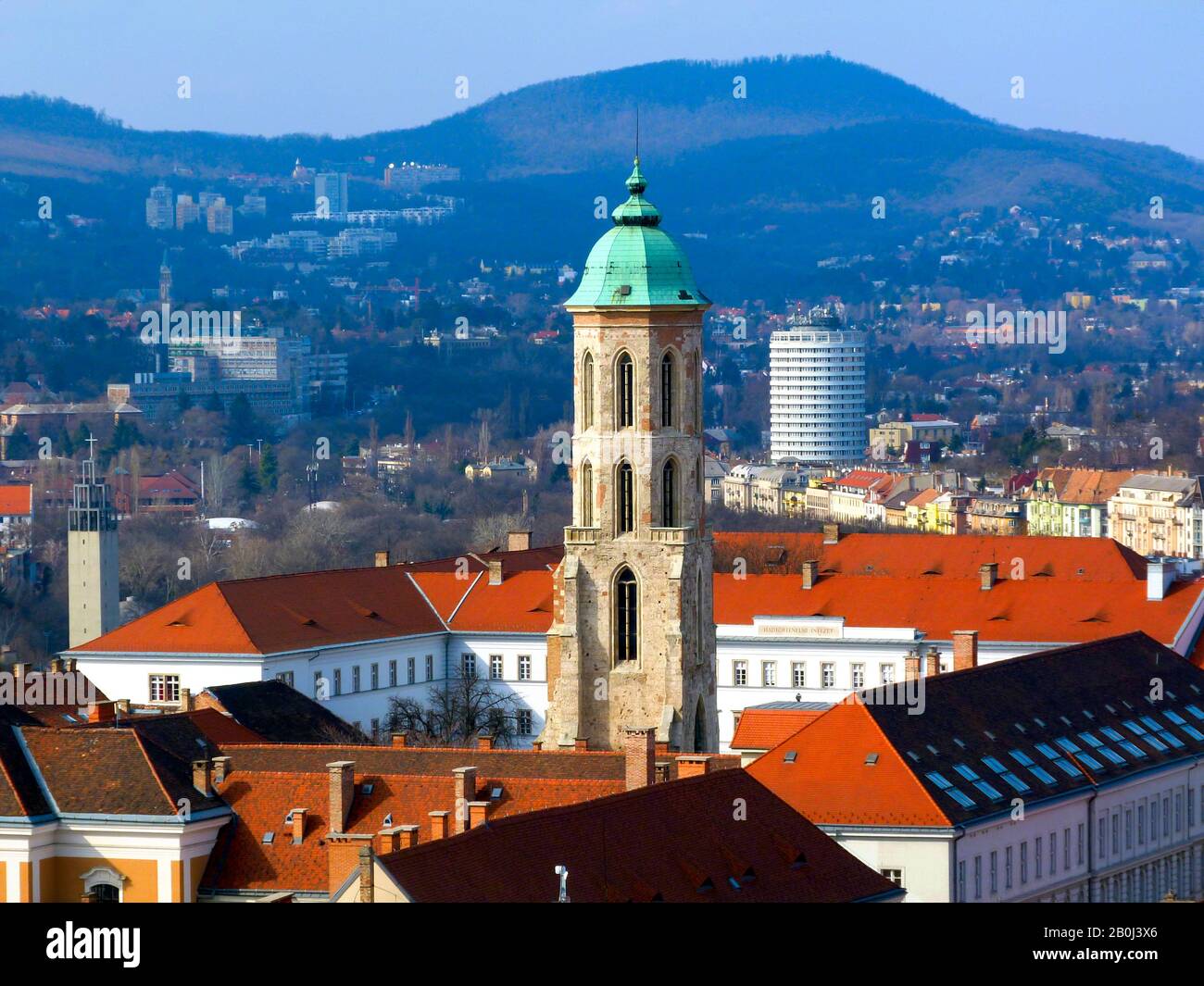 aerial view of Budapest, Hungary. tall church tower in the Buda Castle