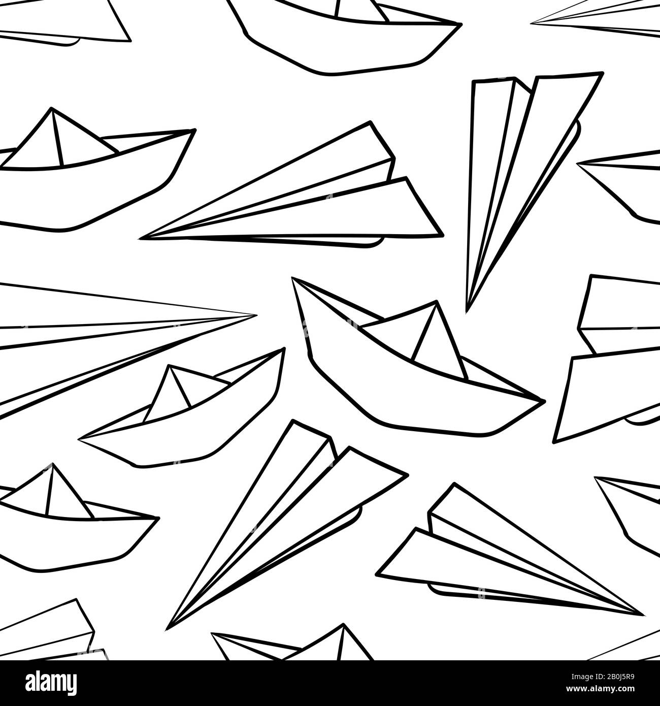 Origami paper boats and paper planes seamless hand drawn pattern. Paper models of planes. Paper models of boats. Vector illustration. Stock Vector
