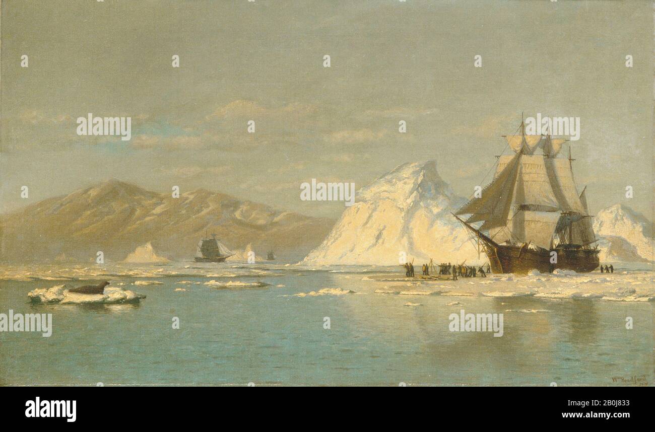 William Bradford, Off Greenland—Whaler Seeking Open Water, American, William Bradford (American, 1823–1892), American, Oil on canvas, 18 x 30 1/8 in. (45.7 x 76.5 cm), Paintings Stock Photo