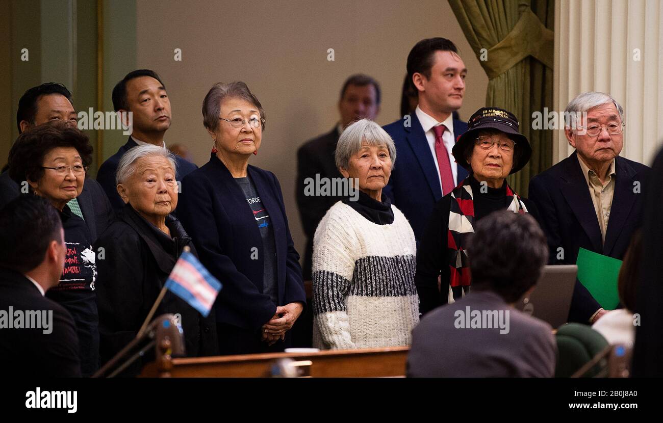 Sacramento, CA, USA. 20th Feb, 2020. Assemblyman Al Muratsuchi honors and recognizes members of the Japanese American community in the Assembly chambers. After the passing of HR 77 that spells out in excruciating detail CaliforniaÃs anti-Japanese heritage and is passed at the State Capital on Thursday, Feb 20, 2020 in Sacramento. On Feb. 19, 1942 President Franklin D. Roosevelt signed Executive Order 9066 that forcibly removed and incarcerated over 110, 00 Japanese Americans into prison camps during WWII. Credit: Paul Kitagaki Jr./ZUMA Wire/Alamy Live News Stock Photo