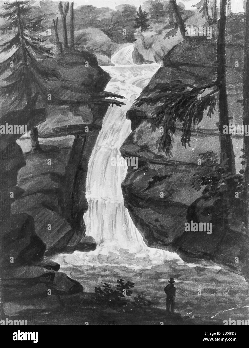 Pavel Petrovich Svinin, Upper Falls of Solomon's Creek (after an Engraving in The Port Folio Magazine, December 1809), American, Pavel Petrovich Svinin (1787/88–1839), 1811–ca. 1813, American, Watercolor and gouache on white laid paper, 7 1/8 x 5 3/8 in. (18.1 x 13.7 cm), Drawings Stock Photo