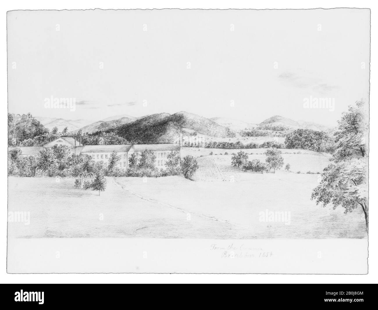 John Cheney, View of Brattleboro, Vermont, American, John Cheney (American, Manchester, Connecticut 1801–1885 Manchester, Connecticut), 1854, American, Graphite on off-white wove paper, 6 15/16 x 9 5/8 in. (17.6 x 24.4 cm), Drawings Stock Photo