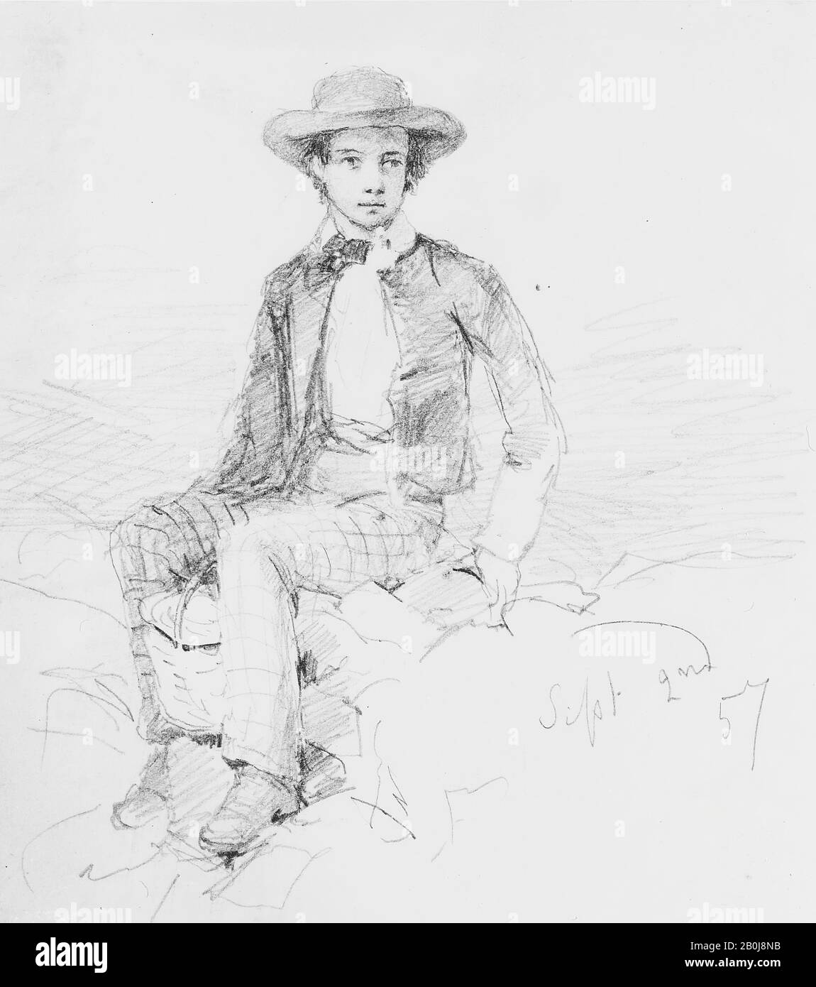 Seated Boy, American, 1857, American, Graphite on off-white laid paper, 4 11/16 x 4 3/8 in. (11.9 x 11.1 cm), Drawings Stock Photo