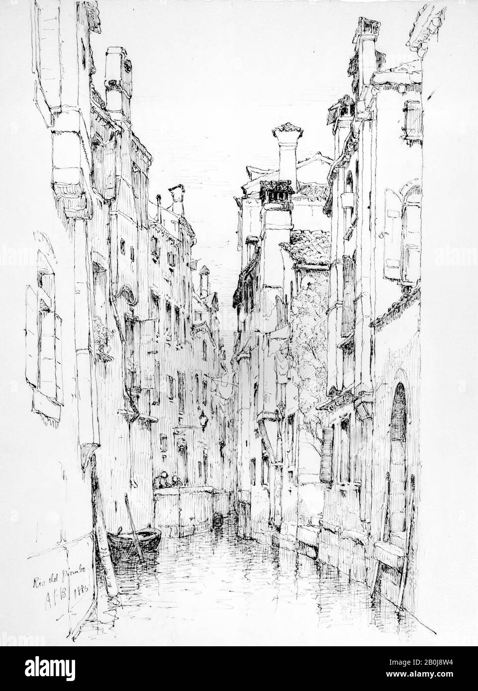 Andrew Fisher Bunner, Rio del Piombo, Venice, American, Andrew Fisher Bunner (1841–1897), 1885, American, Black ink and graphite traces on off-white wove paper, 12 1/4 x 9 1/4 in. (31.1 x 23.5 cm), Drawings Stock Photo
