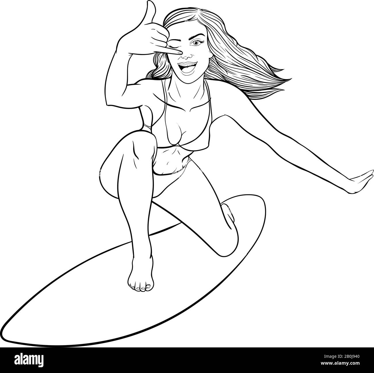 Young Surf Girl With Surfboard Riding A Wave Cartoon Vector