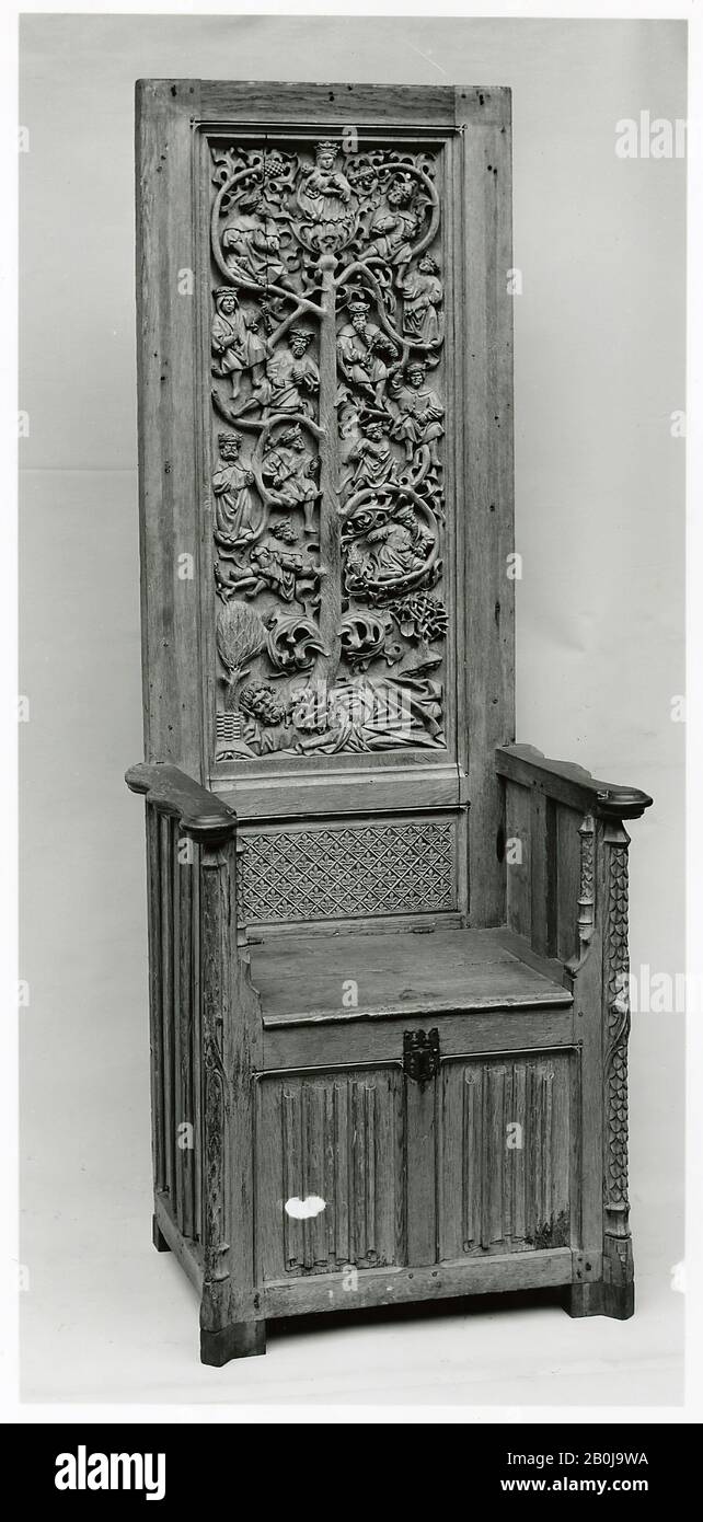 High-Backed Chair with the Tree of Jesse, Lower Rhenish, late 15th century, Lower Rhenish, Oak, Overall: 82 x 30 3/4 x 23 in. (208.3 x 78.1 x 58.4 cm), Woodwork-Furniture Stock Photo