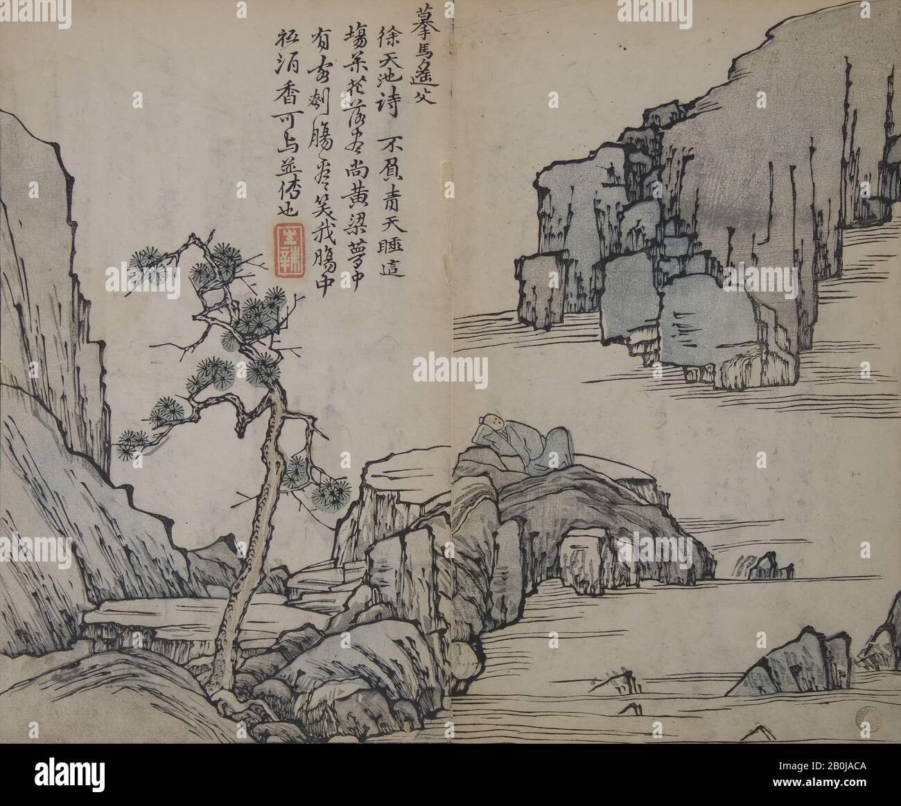 Designed by Wang Gai, Landscape after Ma Yuan (active ca. 1190–1225), from the Mustard Seed Garden Manual of Painting, China, Designed by Wang Gai (Chinese, 1645–1710), First edition, 1679, China, Woodblock print; ink and color on paper, 9 5/8 x 11 13/16 in. (24.4 x 30 cm), Prints Stock Photo