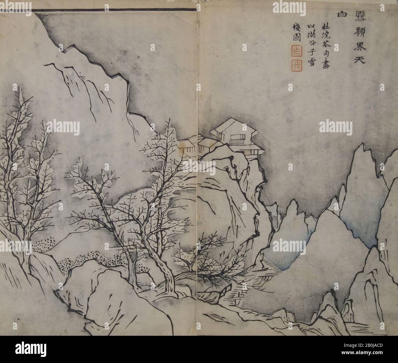 Designed by Wang Gai, Snowy Peaks Touching the Heavens, in the manner of Snow-covered Inn by Jing Hao (active ca. 870–ca. 930), from the Mustard Seed Garden Manual of Painting, China, Designed by Wang Gai (Chinese, 1645–1710), After Jing Hao (Chinese, active ca. 870–930), First edition, 1679, China, Woodblock print; ink and color on paper, 9 5/8 x 11 13/16 in. (24.4 x 30 cm), Prints Stock Photo