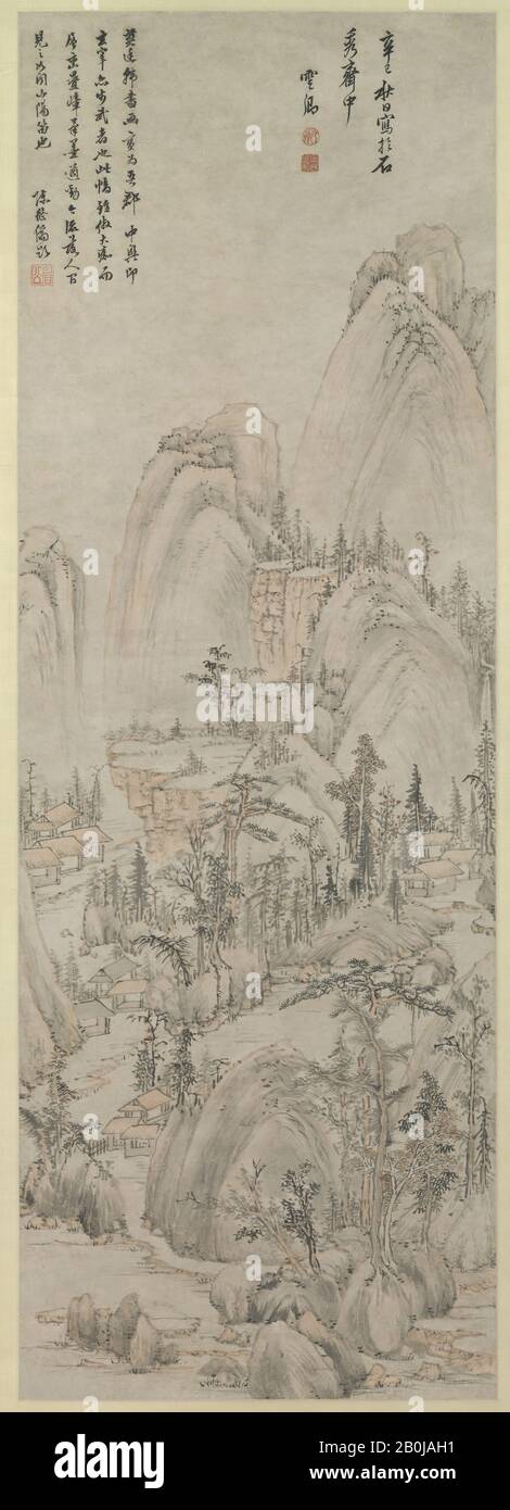 Mo Shilong, Landscape in the Style of Huang Gongwang, China, Ming dynasty (1368–1644), Mo Shilong (Chinese, 1537–1587), 1581, China, Hanging scroll; ink and color on paper, Image: 46 7/8 x 16 1/8 in. (119.1 x 41 cm), Overall with mounting: 90 x 23 1/4 in. (228.6 x 59.1 cm), Overall with knobs: 90 x 26 3/4 in. (228.6 x 67.9 cm), Paintings Stock Photo