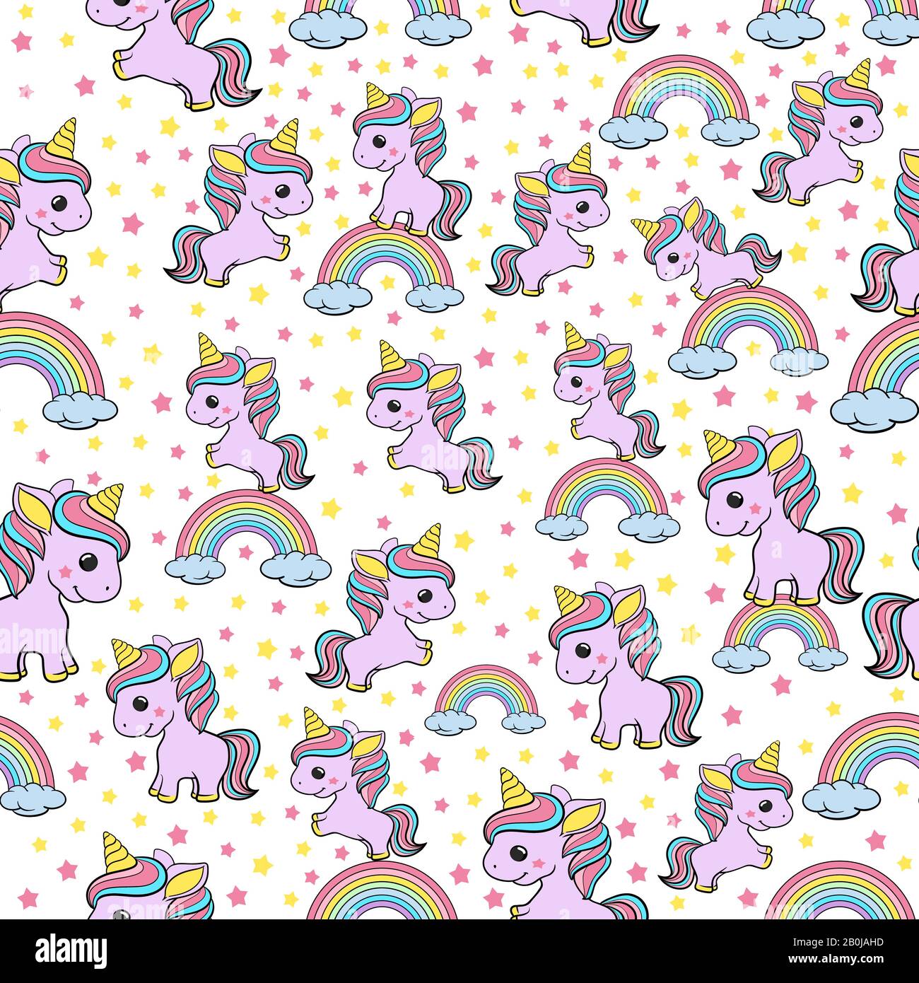 Vector seamless pattern with cute unicorns, clouds,rainbow and stars ...