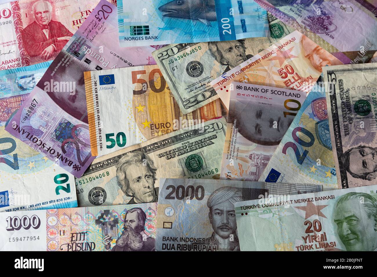 Collage of mixed foreign currency notes Stock Photo