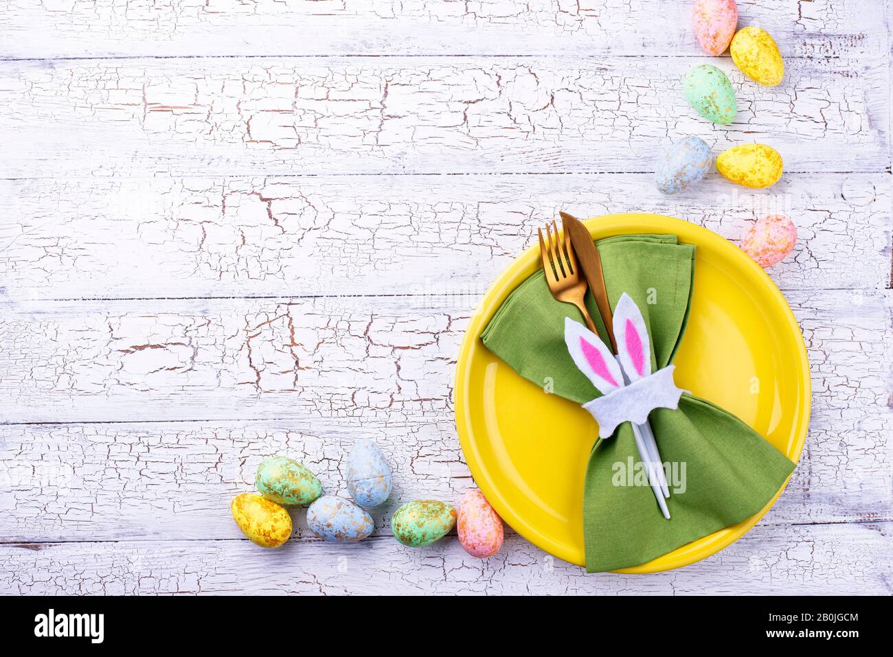 Easter table setting in green color Stock Photo