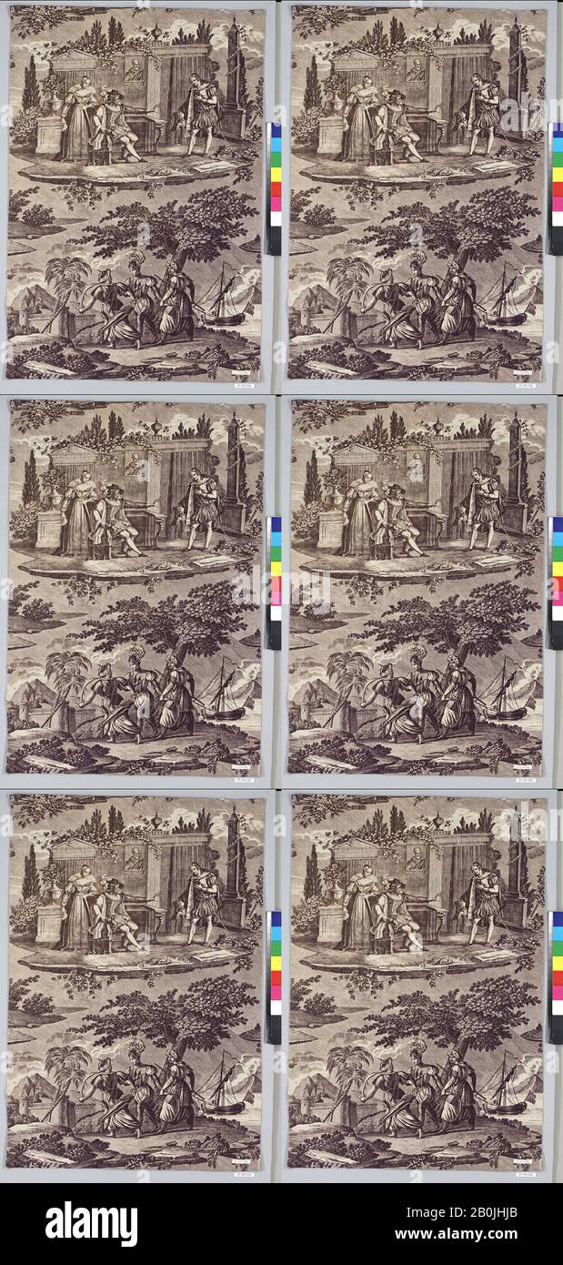 Scenes from a romance, French, Nantes or Rouen, 1815–25, French, Nantes or Rouen, Cotton, L. 23 1/4 x W. 16 inches, 59.1 x 40.6 cm, Textiles-Printed Stock Photo