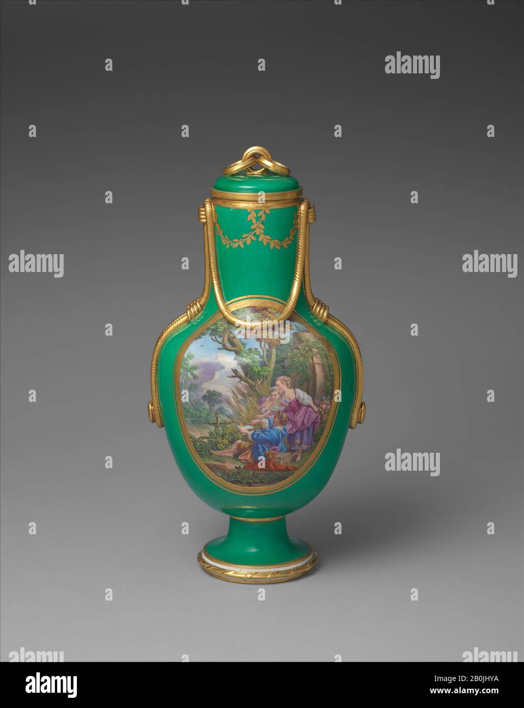Sèvres Manufactory, Vase with cover (vase à flacon) (one of a pair), French, Sèvres, After a design by François Boucher (French, Paris 1703–1770 Paris), 1772, French, Sèvres, Soft-paste porcelain, Height: 13 1/2 in. (34.3 cm), Ceramics-Porcelain Stock Photo