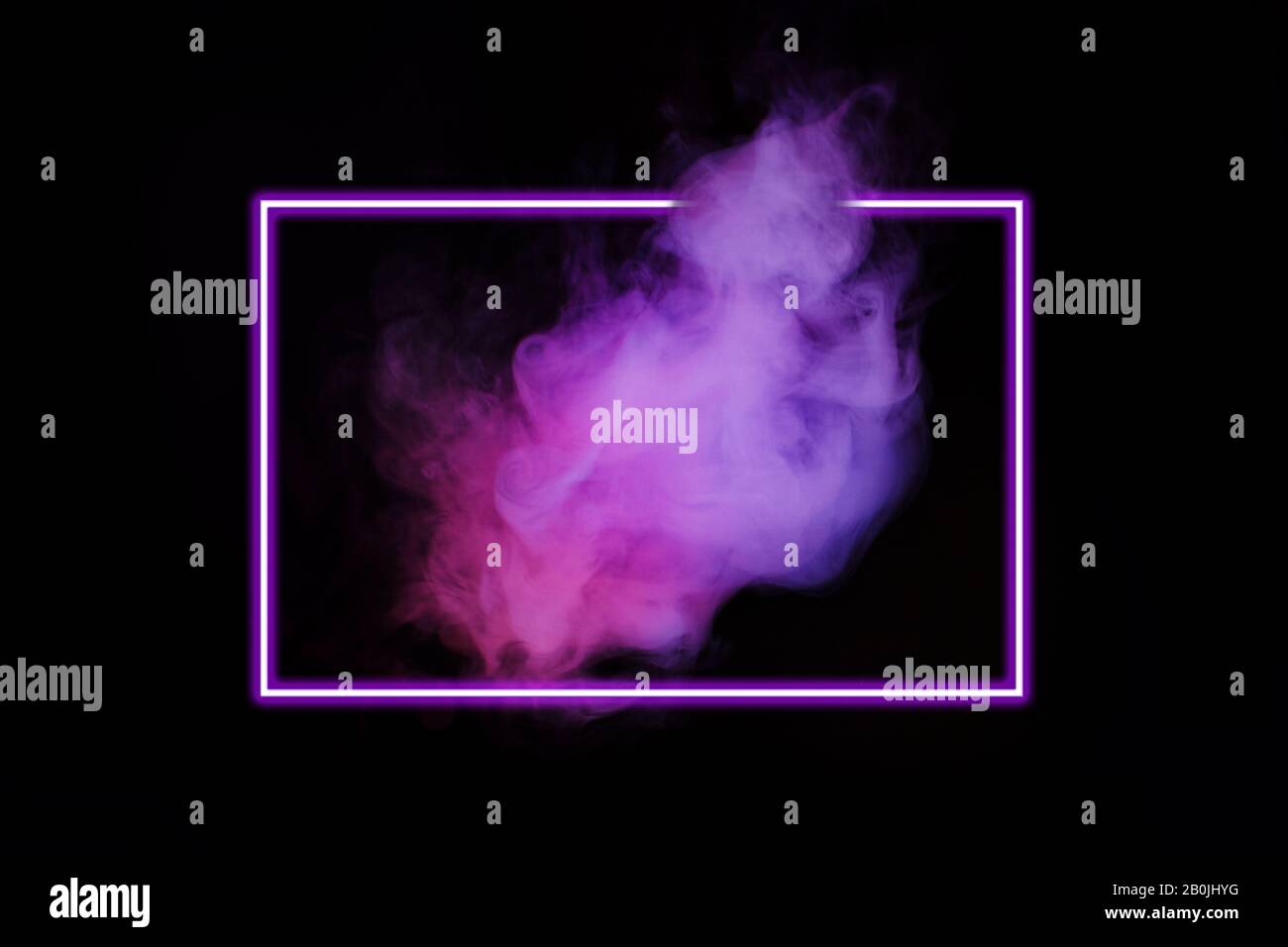 Abstract neon light smoke effect with neon frame on black background. Smoke cloud explosion. Stock Photo