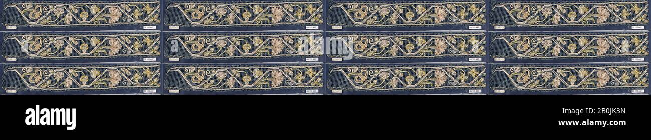 Border, Italian, 17th century, Italian, Embroidered net, punto à rammendo, silk, L. 16 x W. 2 1/4 inches, 40.6 x 5.7 cm, Textiles-Laces Stock Photo