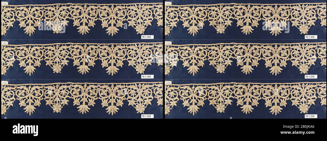 Strip, Italian, early 17th century, Italian, Needle lace, punto in aria, L. 16 x W. 2 1/2 inches (40.6 x 6.4 cm), Textiles-Laces Stock Photo