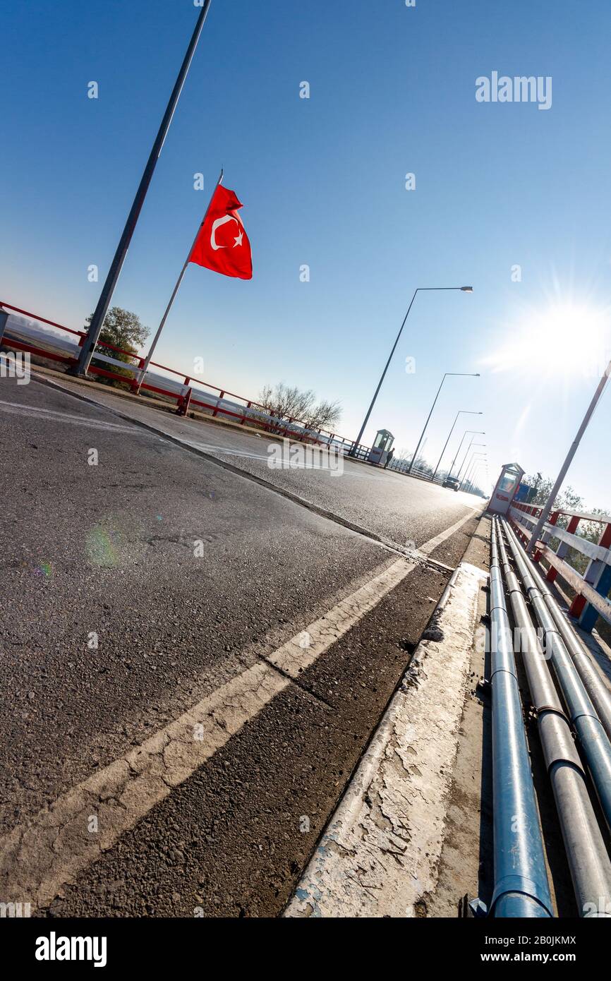 The Greek-Turkish border line right on the bridge over the river Evros, in Thrace region. Stock Photo