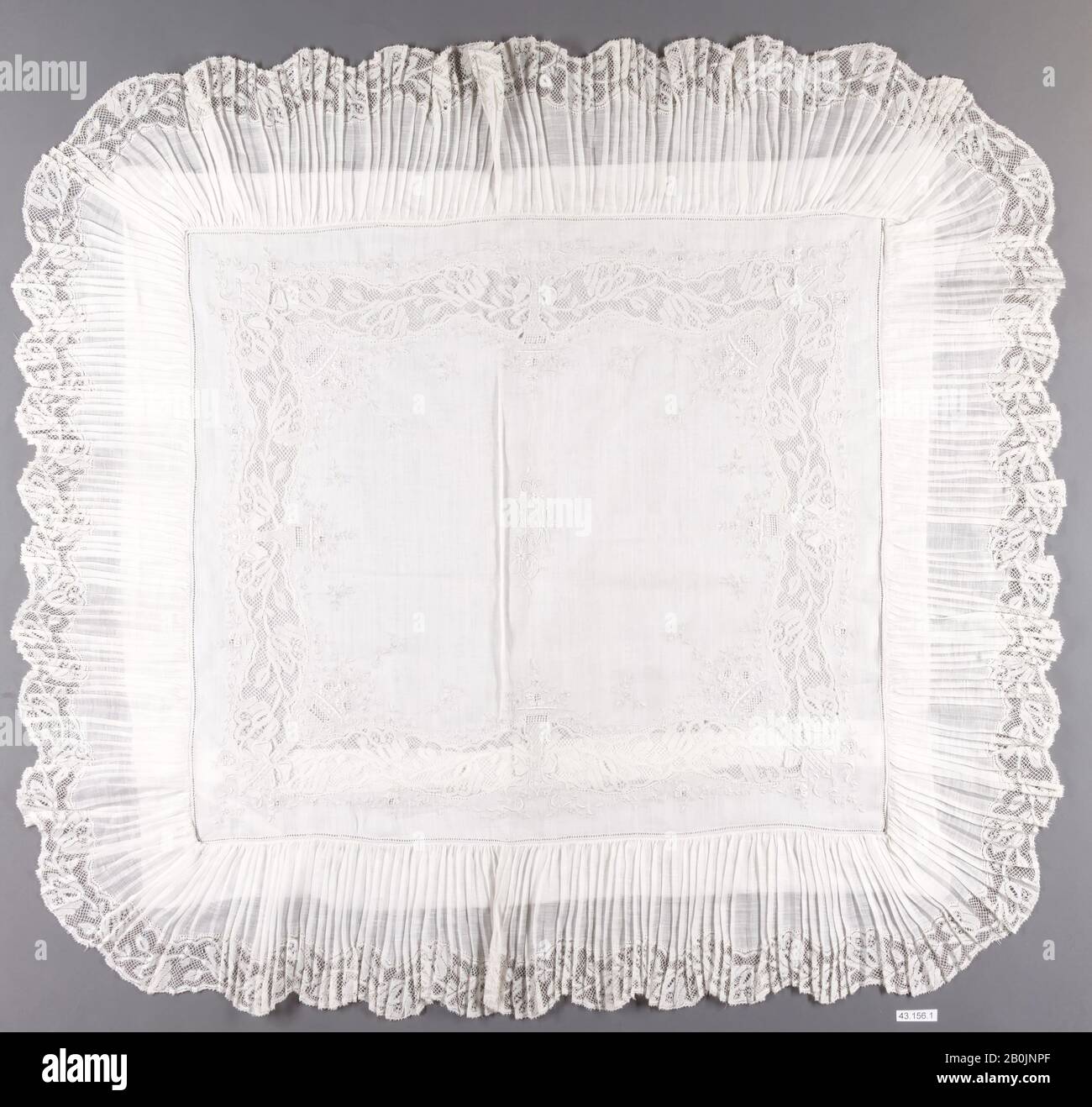 Pillowcase, French, ca. 1890, French, Linen on linen, Approximate: L. 21 x W. 23 inches, 53.3 x 58.4 cm, Textiles-Embroidered Stock Photo