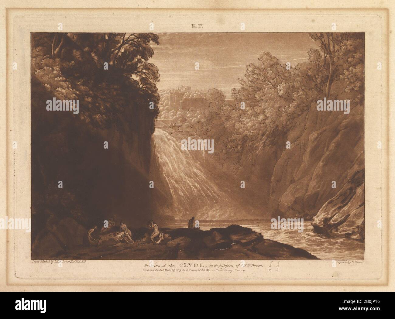 Designed and etched by Joseph Mallord William Turner, Drawing of the Clyde (Liber Studiorum, part IV, plate 18), Designed and etched by Joseph Mallord William Turner (British, London 1775–1851 London), Engraved and published by Charles Turner (British, Woodstock, Oxfordshire 1774–1857 London), March 29, 1809, Etching and mezzotint; third state of three, plate: 7 3/16 x 10 1/2 in. (18.3 x 26.7 cm), sheet: 8 1/4 x 11 1/2 in. (21 x 29.2 cm), Prints Stock Photo