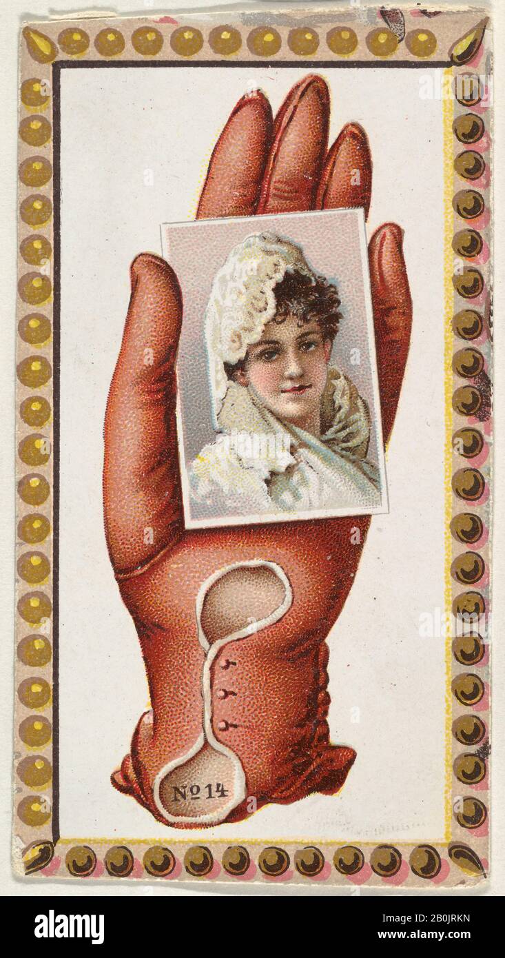 Issued by Allen & Ginter, Card Number 14, cut-out from banner advertising the Opera Gloves series (G29) for Allen & Ginter Cigarettes, ca. 1890, Commercial color lithograph, Sheet: 3 1/8 x 1 3/4 in. (8 x 4.5 cm Stock Photo