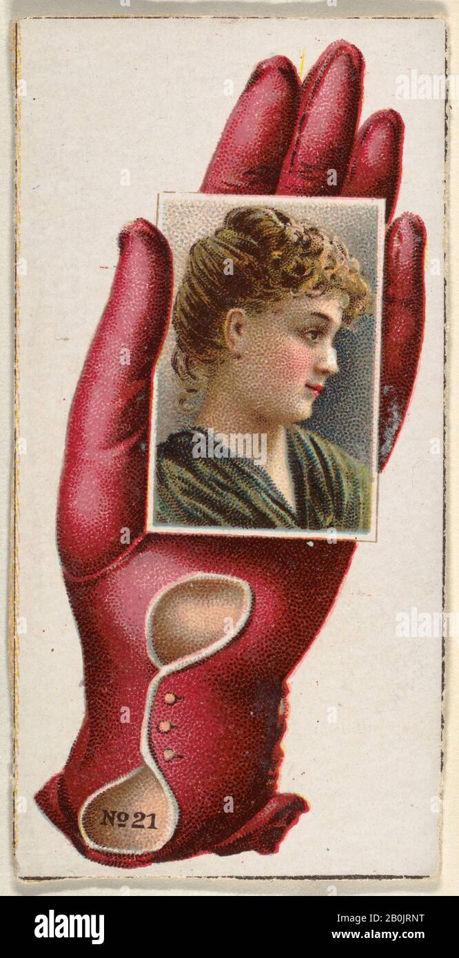 Issued by Allen & Ginter, Card Number 21, cut-out from banner advertising the Opera Gloves series (G29) for Allen & Ginter Cigarettes, ca. 1890, Commercial color lithograph, Sheet: 3 1/8 x 1 3/4 in. (8 x 4.5 cm Stock Photo