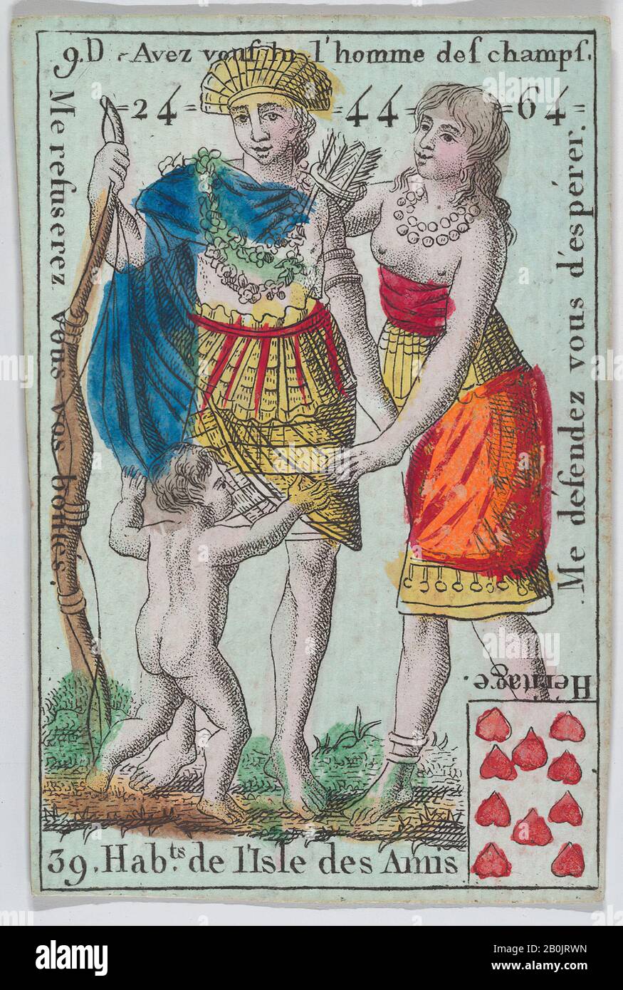 Anonymous, French, 18th century, Hab.ts de l'Isle des Amis from playing cards 'Jeu d'Or', Anonymous, French, 18th century, 1700–1799, Etching and hand coloring (watercolor), 3 3/16 × 2 1/16 in. (8.1 × 5.3 cm Stock Photo