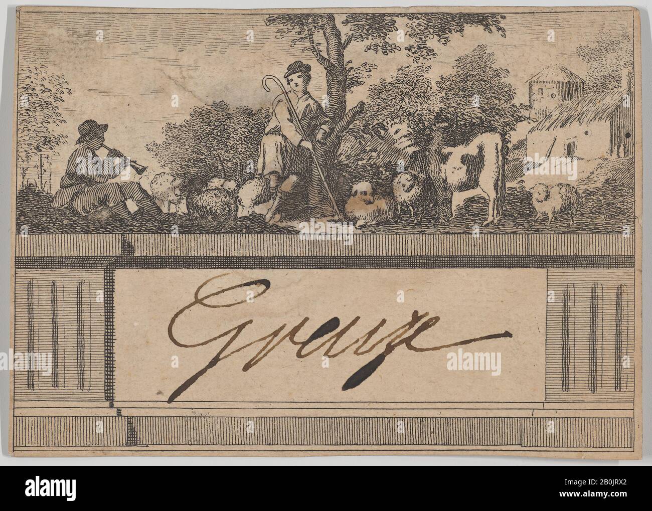 Jean-Baptiste Greuze, Jean-Baptiste Greuze, calling card, Jean-Baptiste Greuze (French, Tournus 1725–1805 Paris), ca. 1755–1805, Etching, Sheet: 3 in. × 4 3/16 in. (7.6 × 10.6 cm Stock Photo