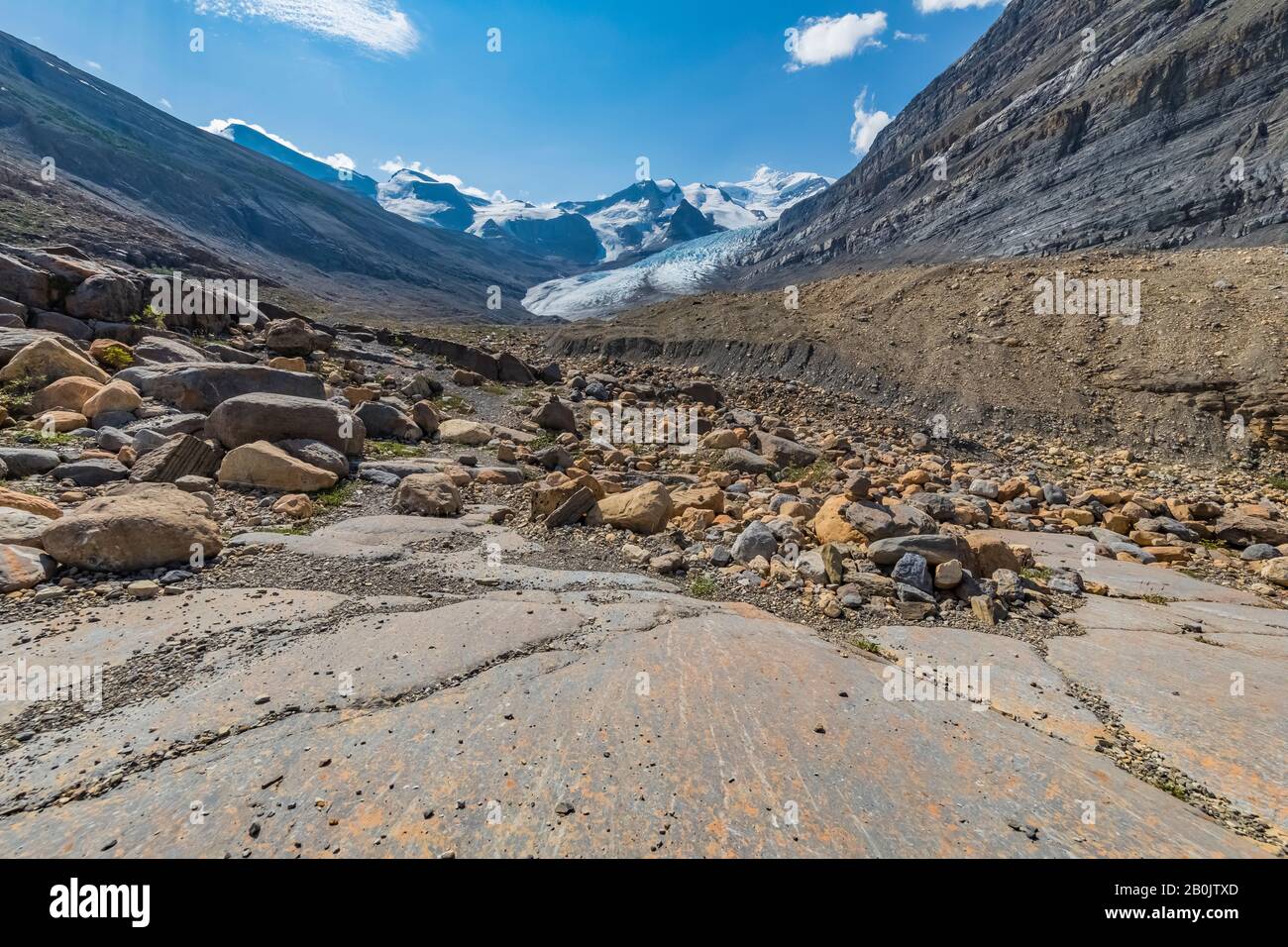 Glacial striations in bedrock below Robson Glacier in Mount Robson Provincial Park, British Columbia, Canada Stock Photo