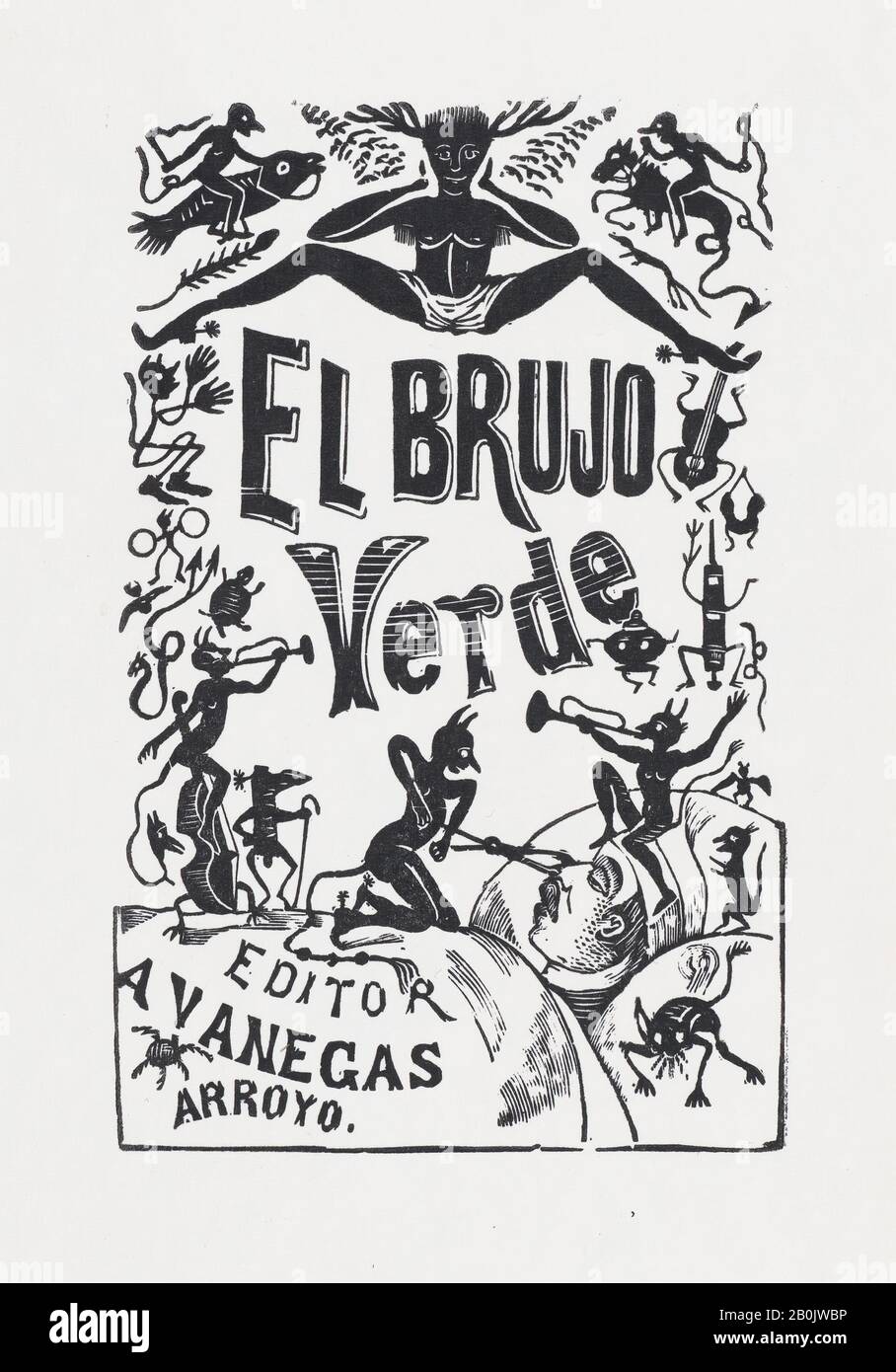 José Guadalupe Posada, Demons troubling a sick man in bed, illustration for 'El Brujo Verde (The Green Magician)' edited by Antonio Vanegas Arroyo, José Guadalupe Posada (Mexican, 1851–1913), ca. 1880–1910, Wood engraving, Sheet: 6 7/16 × 4 1/8 in. (16.3 × 10.4 cm), Image: 5 1/8 × 3 1/4 in. (13 × 8.2 cm), Prints Stock Photo