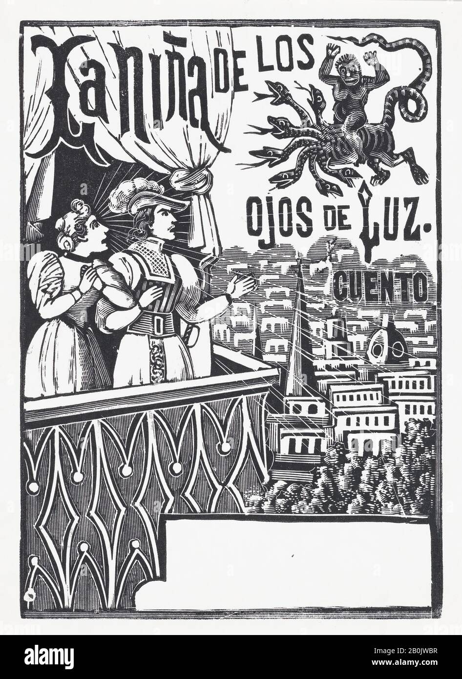 José Guadalupe Posada, A woman and a man standing on a balcony looking up at a flying monster in the sky, published by Antonio Vanegas Arroyo, José Guadalupe Posada (Mexican, 1851–1913), ca. 1880–1910, Wood engraving, Sheet: 7 1/16 × 5 3/16 in. (18 × 13.2 cm), Image: 6 11/16 × 4 3/4 in. (17 × 12 cm), Prints Stock Photo