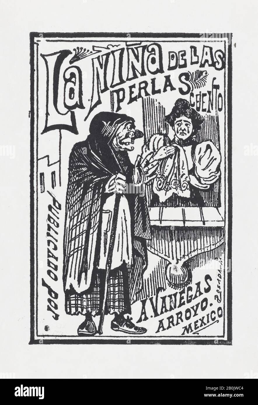 José Guadalupe Posada, A woman crying with a handkerchief in her hand talking to an old hag, illustration for 'La Niña de las Perlas, published by Antonio Vanegas Arroyo, José Guadalupe Posada (Mexican, 1851–1913), ca. 1880–1910, Wood engraving, Sheet: 6 11/16 × 4 5/8 in. (17 × 11.7 cm), Image: 5 3/8 × 3 7/16 in. (13.6 × 8.8 cm), Prints Stock Photo