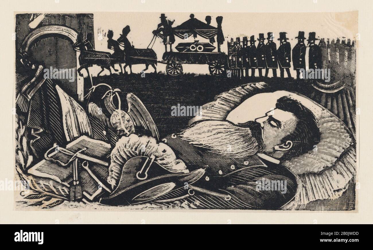 A man lying on his deathbed with a funeral cortege in the background, from  a broadside entitled 'Arrival at the capital of the body of General Manuel  Gonzalez' MET DP869605 Stock Photo -, image size:1300x873