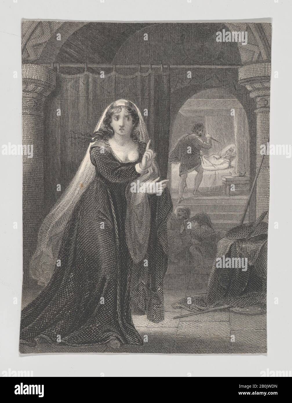 Charles Rolls, Lady Macbeth, Macbeth and the Murder of Duncan (Shakespeare, Macbeth, Act II, Scene II), Charles Rolls (British, 1800–1857), After Henry Corbould (British, London 1787–1844 Robertsbridge, East Sussex), William Shakespeare (British, Stratford-upon-Avon 1564–1616 Stratford-upon-Avon), 1825–40, Etching and engraving, Sheet: 3 7/16 × 2 9/16 in. (8.8 × 6.5 cm), Prints Stock Photo