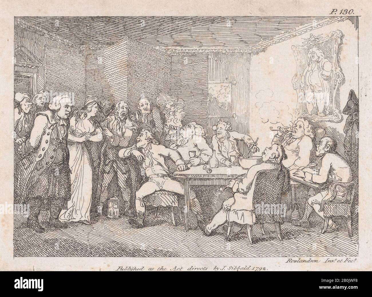 Thomas Rowlandson, Parson Adams & Fanny examined as culprits before the country Justice, from 'The Adventures of Joseph Andrews, and his friend Mr Abraham Adams', Adventures of Joseph Andrews, Thomas Rowlandson (British, London 1757–1827 London), Related author Henry Fielding (British, 1707–1754), 1792, Etching, Sheet (trimmed): 4 7/16 × 6 1/4 in. (11.3 × 15.8 cm), Prints Stock Photo